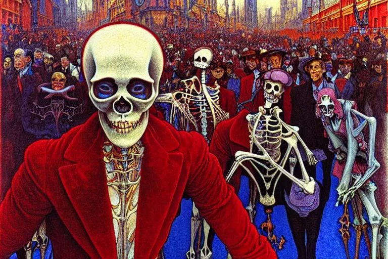 Image similar to realistic detailed closeup portrait painting of a single skeleton wearing red velvet blazer in a crowded futuristic moscow street by Jean Delville, Amano, Yves Tanguy, Alphonse Mucha, Ernst Haeckel, Edward Robert Hughes, Roger Dean, rich moody colours, blue eyes