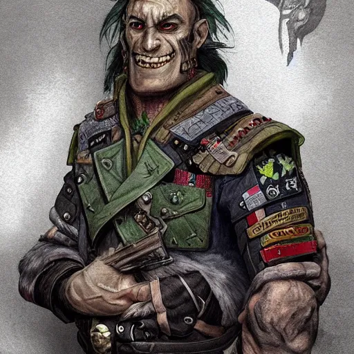 Prompt: a middle aged half orc with intelligent eyes, wearing a bemused fanged smile on his face. dressed in a patchwork military uniform jacket with cut sleeves, runic arm tattoos, digital painting, art by magali villeneuve