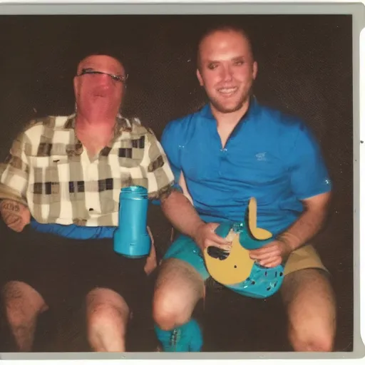 Prompt: polaroid of Homelander and Billy Butcher on holday having a great time together