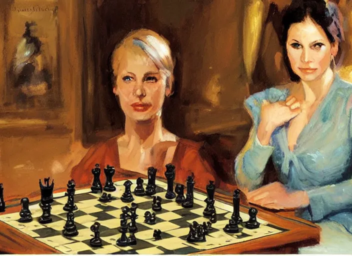 Prompt: a highly detailed beautiful portrait of the queen of chess, by gregory manchess, james gurney, james jean