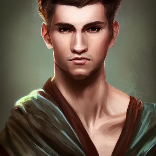 Image similar to realistic portrait, 25 years old man :: athletic fantasy mage :: green eyes, long slightly loosened brown hair :: wearing a brown robe :: high detail, digital art, RPG, concept art, illustration