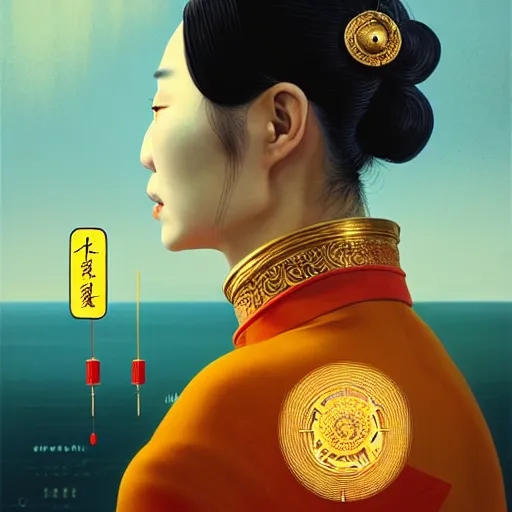 Prompt: portrait of a chinese woman :: side profile :: blood :: background sea :: intricate details in gold :: clockwork oxygen implant :: 8k :: simon stalenhag and Sandra Chevrier