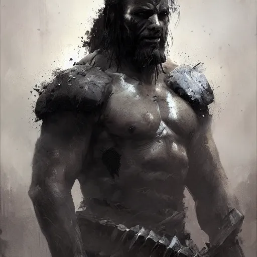 Image similar to Portrait painting of a barbarian warrior by greg rutkowski and Craig Mullins, Dark atmospheric and cinematic lighting