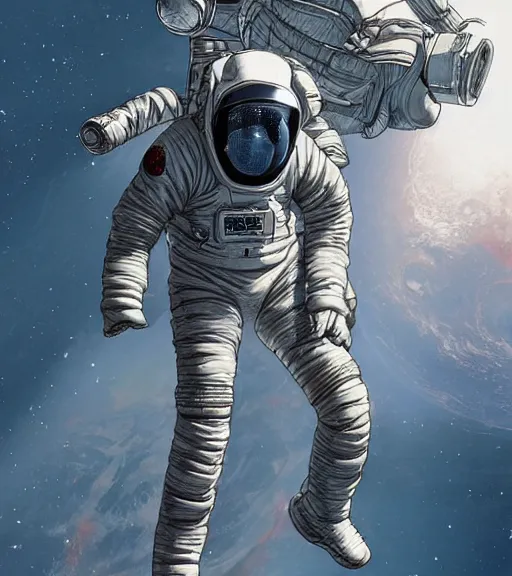 Image similar to a dead space astronaut with long limbs on a spacewalk outside of their ship, techwear, Industrial Scifi, detailed illustration, character portrait, by Martin Grip and Moebius