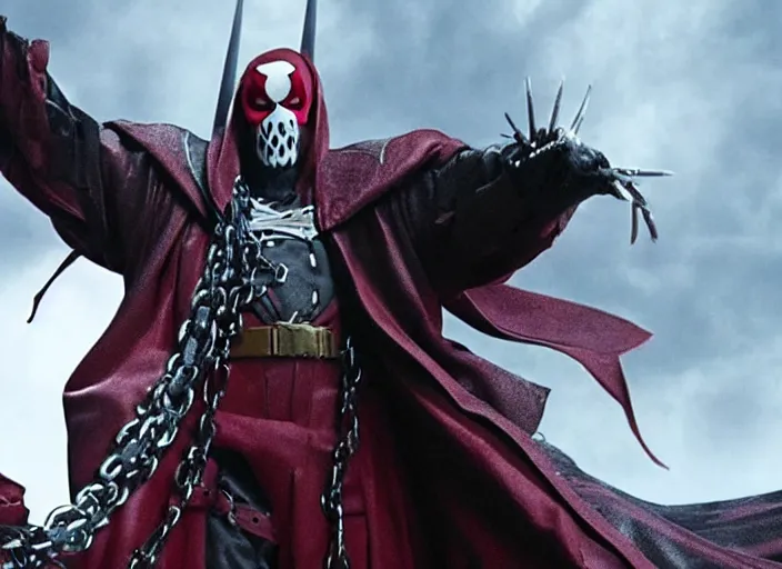 Image similar to film still of jamie foxx as spawn in the new spawn movie, giant chains, large cape, 8 k