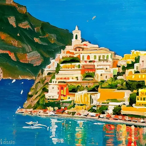 Prompt: fantastic across Positano Italy painted with a palette knife