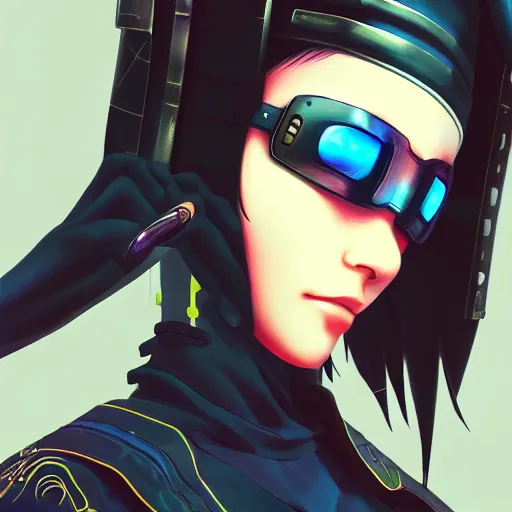 Image similar to closeup of a young cyberpunk samurai lady wearing a visor, digital painting, anime style, Artstation, by Artgerm