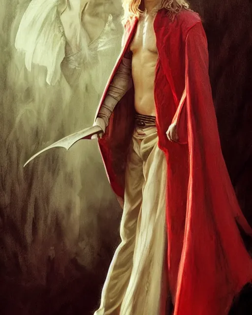 Image similar to detailed painting of matt smith with a long pale blond hair and fantasy noble red clothes, fantasy, game of thrones, targaryen, horror, ethereal, greg rutkowski, magali villeneuve and monet