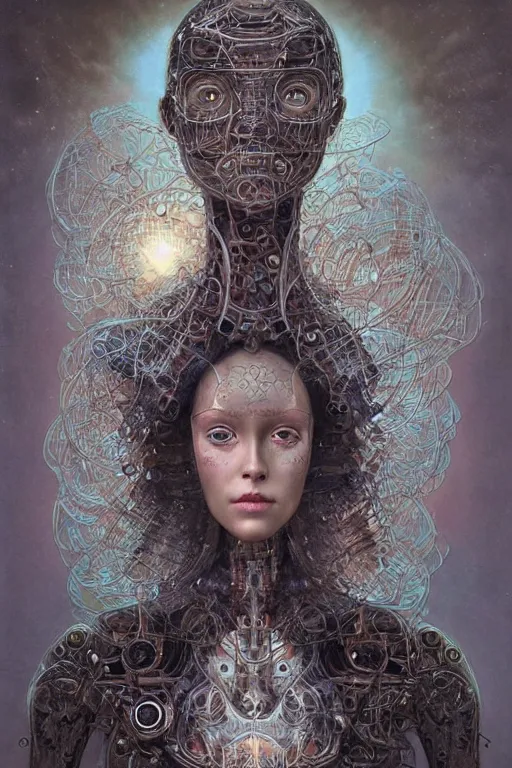 Image similar to humanoid robot, bioluminescent mushrooms skin, highly detailed, expressive eyes, beautiful symmetric body, perfect proportions, highly intricate, art by tom bagshaw and alex gray