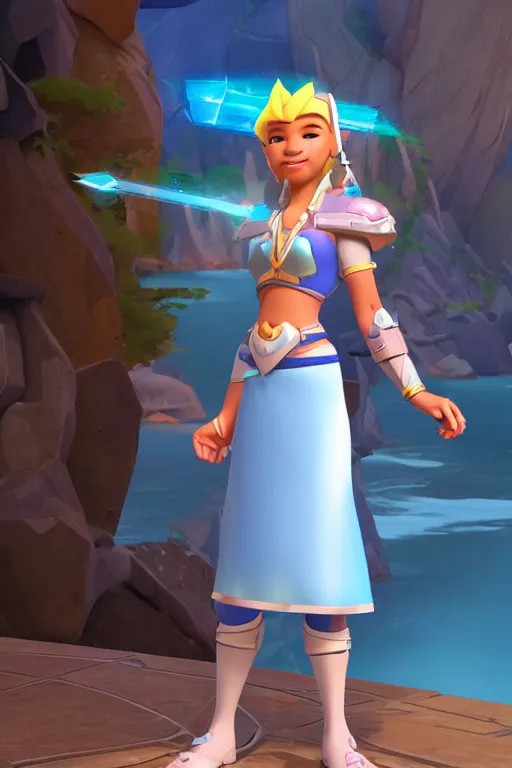 Image similar to princess kida from atlantis, overwatch main character Blizzard pixar 3d maya engine on stylized background splash comics global illumination lighting,