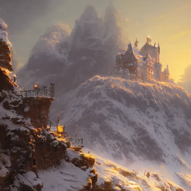 Prompt: a painting of a castle in the middle of a snowy mountain, a detailed matte painting by andreas rocha and greg rutkowski, vibrant colors, golden hour, featured on artstation, fantasy art, matte drawing, matte painting, artstation hq