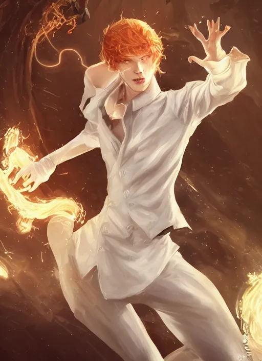 Image similar to a highly detailed illustration of short ginger haired man wearing white suit, dramatic holding chess piece pose, summoning demon girl, intricate, elegant, highly detailed, centered, digital painting, artstation, concept art, smooth, sharp focus, league of legends concept art, WLOP