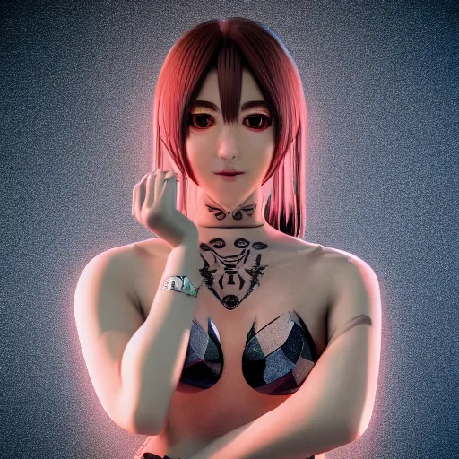 Prompt: full body character, beautiful anime woman smiling, symmetrical eyes, symmetrical face, symmetrical nose, tattooed, geometric lighting : : octane render, 8 k resolution, high quality, digital art, fantasy