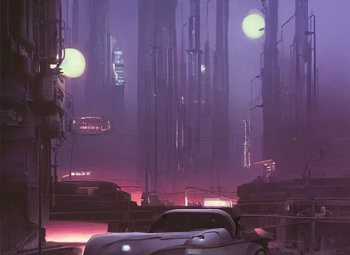 Image similar to a car bu driving down a street next to small buildings the night, cyberpunk art by Chesley Bonestell, cgsociety, retrofuturism, matte painting, reimagined by industrial light and magic