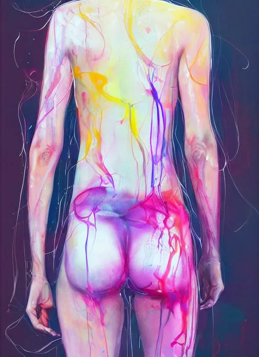 Prompt: sexy seducing smile nathalie portman in short by agnes cecile, full body portrait, 3 / 4 view from back, bending over, extremely luminous bright design, pastel colours, ink drips, autumn lights