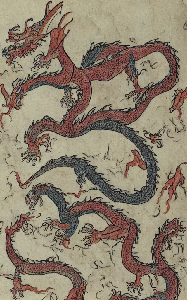 Prompt: a dragon with ten different human frail heads, marginalia manuscript