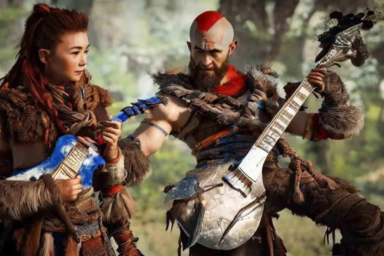 Prompt: aloy from the horizon zero dawn videogame playing the guitar with kratos from the god of war videogame