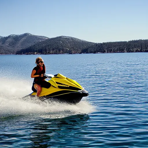 Prompt: jet ski in big bear lake, California