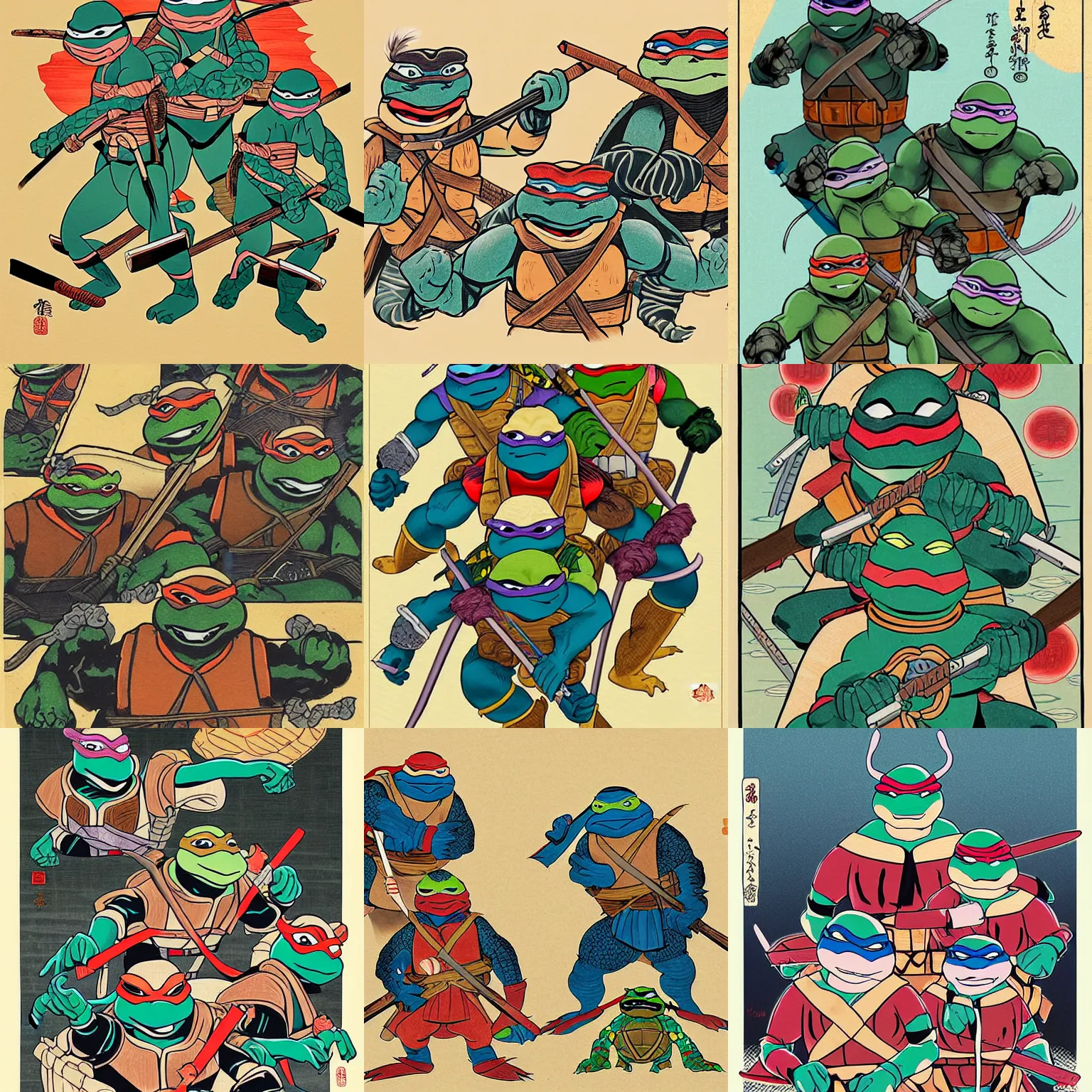 Prompt: teenage mutant ninja turtles, japanese ukiyo - e style illustration by lauren ly