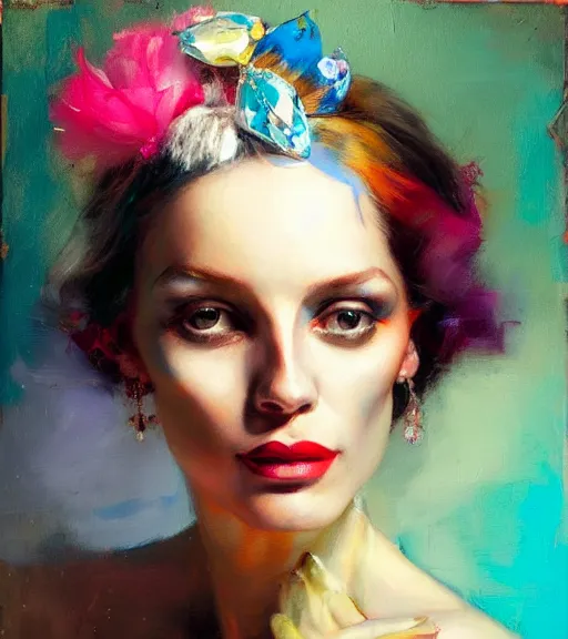 Image similar to delightful supermodel, diamond jewellery, by bartholomew beal, alfio presotto, rhads, salustiano garcia cruz, lita cabellut, contemporary art, mixed media, whimsical art, detailed,