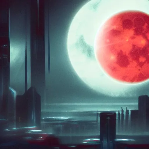 Prompt: blood red cresent moon, cyberpunk, space