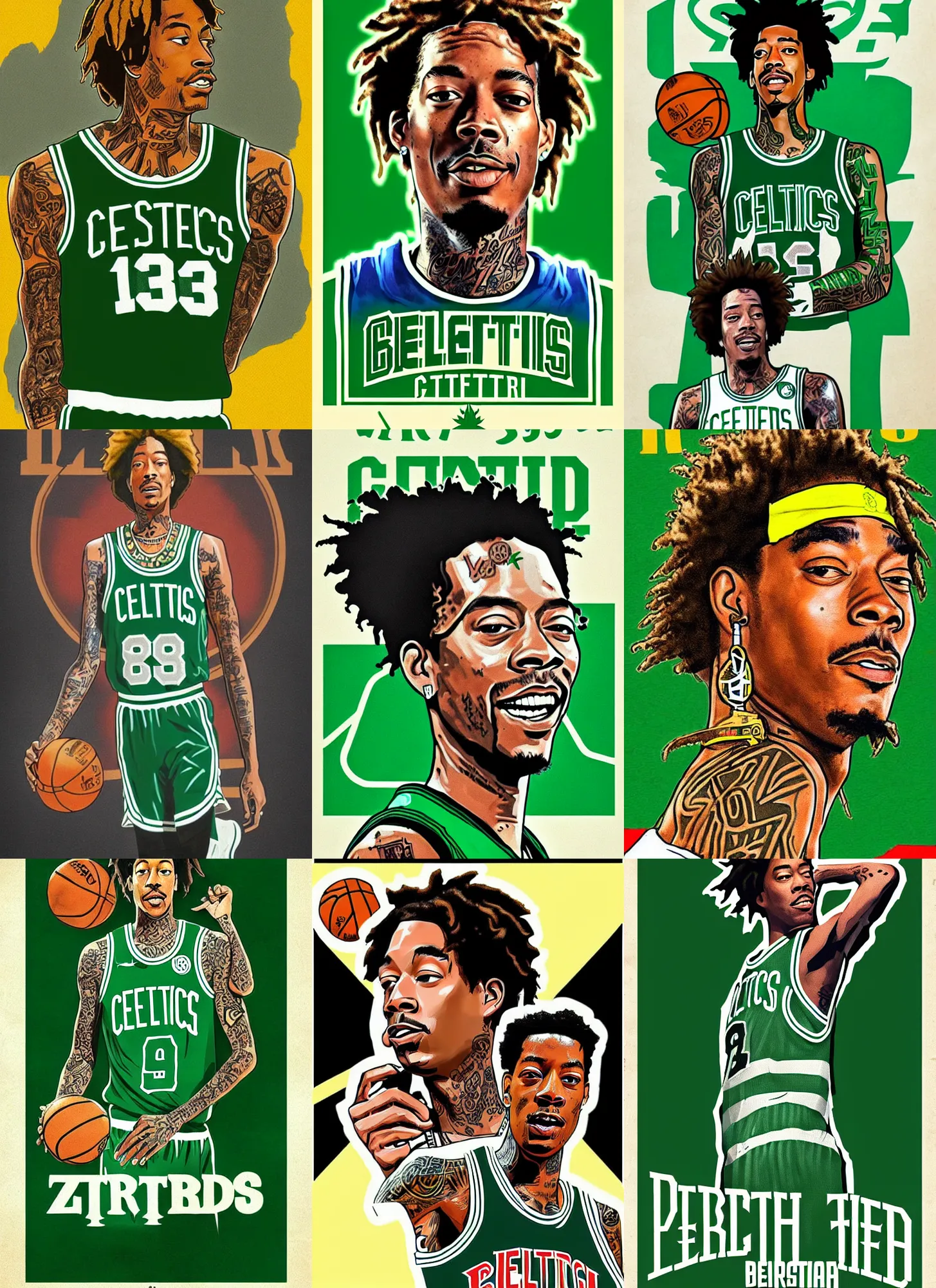 Prompt: wiz khalifa is larry bird, boston celtics, 1 9 8 0 s movie poster, intricate fan art, trending on artstation