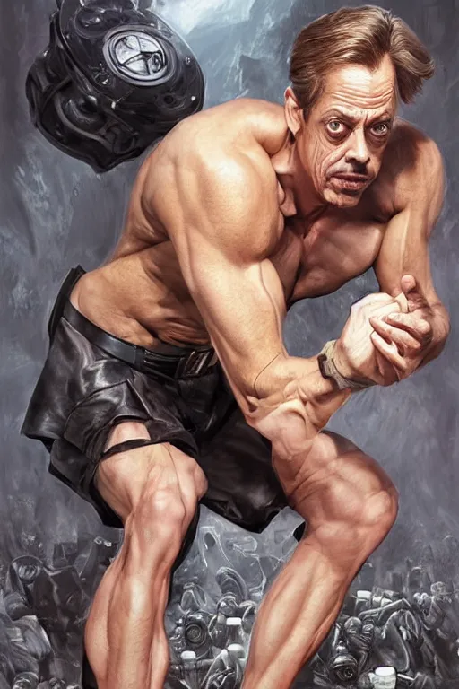 Prompt: Steve Buscemi as a hero in black leather shorts and batman head piece, drinking coffee with toddlers, amazing bodybuilder muscles, intricate, elegant, highly detailed, centered, digital painting, artstation, concept art, smooth, sharp focus, illustration, art by artgerm and donato giancola and Joseph Christian Leyendecker, Ross Tran, WLOP