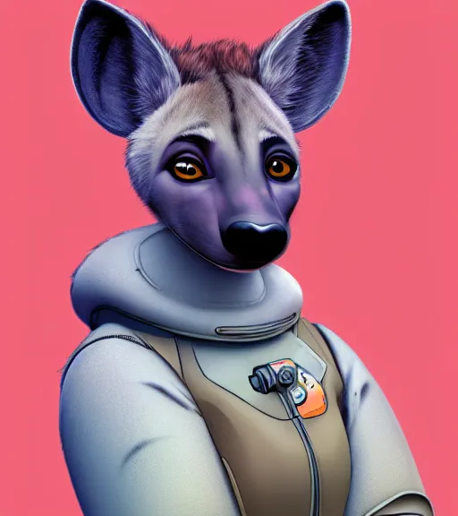 Image similar to digital detailed portrait of anthromorphic female hyena, in style of zootopia, fursona, furry, furaffinity, 4 k, deviantart, wearing astronaut outfit, in style of disney zootopia, floating in space, space background, in deep space, dark background, hyena fursona, cyberpunk, female, detailed face, style of artgerm,