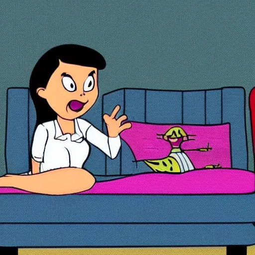 Prompt: still of an episode of a cartoon where a girl get her feet tickled by a villain