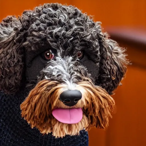 Prompt: a closeup photorealistic photograph of a cute smiling knitted bernedoodle judge dog dressed in a black gown, presiding over the courtroom. professional capture, well lit shot. this 4 k hd image is trending on artstation, featured on behance, well - rendered, extra crisp, features intricate detail, epic composition and the style of unreal engine.