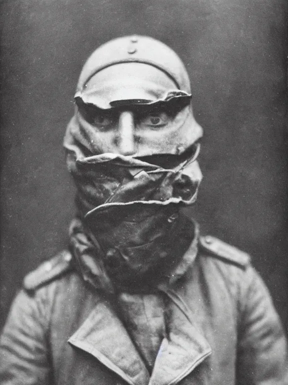 Prompt: portrait of man with extreme cold weather mask, ww1 photo, grainy, high detail, high resolution,