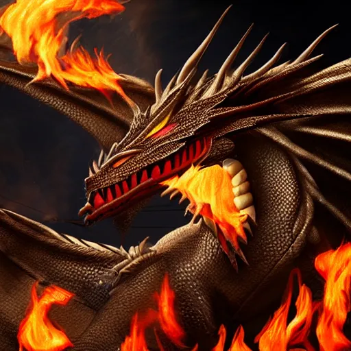 Image similar to dragon that blows fire on himself, photorealistic, 4 k