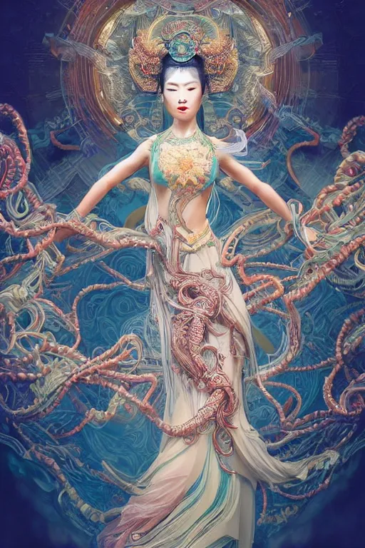 Image similar to an immaculate render of a dancing chinese goddess adorned with leaves and cables and bird wings, dancing in a temple surrounded by wild tentacles made from mandalas and incense smoke, full body, perfect face, powerful, cinematic, beautifully lit, by artgerm, by karol bak, by android jones, 3 d, trending on artstation, octane render, 8 k