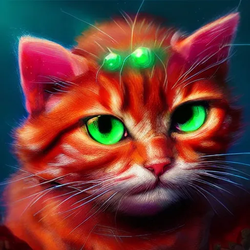 Image similar to close up of furious teemo from league of legends as a red american shorthair cat, vivid color, neon color, intricate detail, digital painting, particles floating, whimsical background by marc simonetti, artwork by ross tran + ramond swanland + liam wong