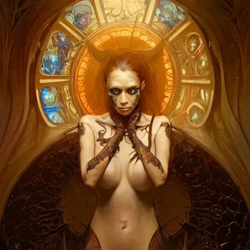 Image similar to hyper realistic portrait of a Necronomicon demon character in a hell portal in a film, art by artery and Greg Rutkowski and alphonse mucha, sci-fi, fantasy, intricate, ornate, very very beautiful, elegant, highly detailed, digital painting, artstation, concept art, smooth, sharp focus, illustration