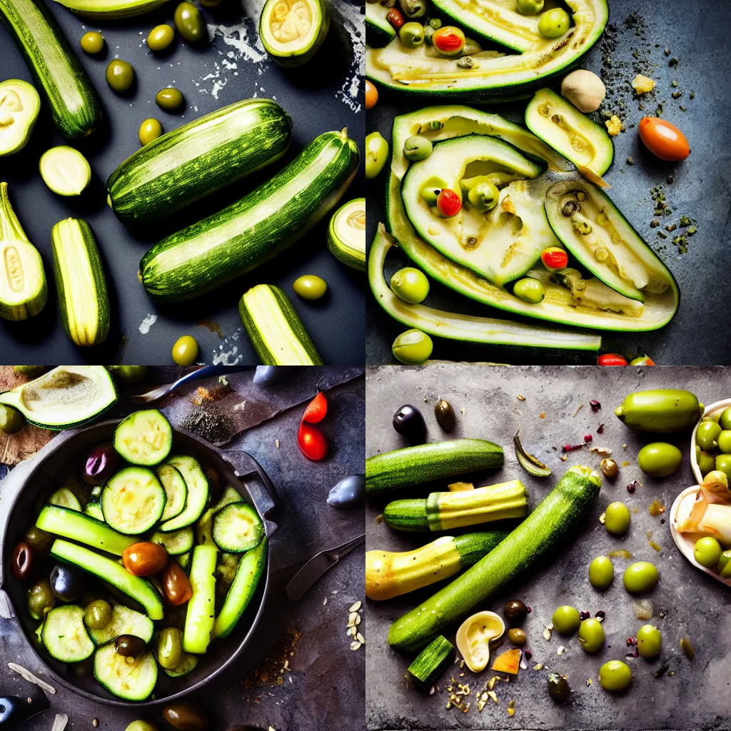 Prompt: mouthwatering zucchini and olives, food photography