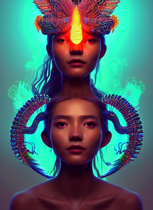 Prompt: a wlop 3 d portrait of a goddess, 8 k micro details beautiful intricate highly detailed quetzalcoatl skull and feathers. bioluminescent, fire, snow, thunderstorm! artwork by tooth wu and wlop and beeple and greg rutkowski, trending on artstation,