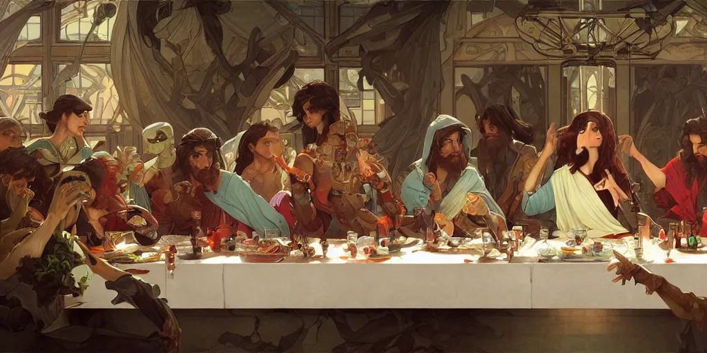 Image similar to the last supper of robots. highly detailed, digital painting, artstation, concept art, smooth, sharp focus, illustration, art by artgerm and greg rutkowski and alphonse mucha and loish and wlop