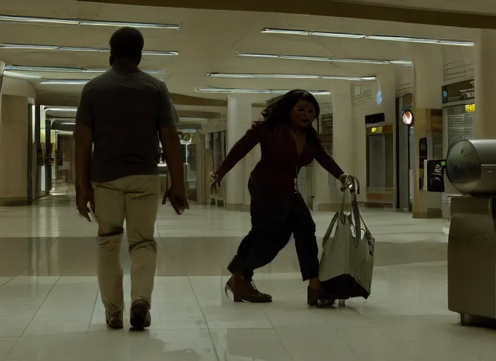 Image similar to cinematic shot of octavia spencer being chased down an escalator by walter white in a strange defunct abandoned mall, iconic scene from the paranoid thriller sci fi film directed by stanley kubrick, 2 4 mm anamorphic lens, backlit, moody strange cinematography, beautiful composition, color theory, leading lines, photorealistic, highly detailed scene moody lighting