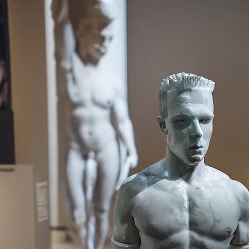 Prompt: a marble sculpture of Bart Simpson inside a museum, dslr photo