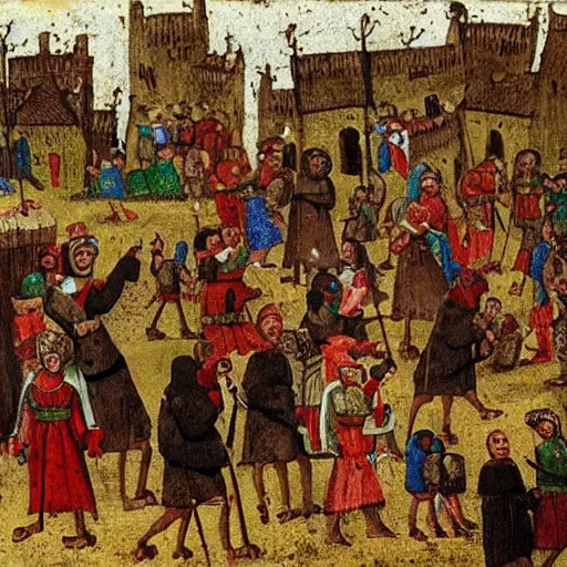 Prompt: medieval peasants celebrating at a festival in a village, they are covered in brown mud, medieval art