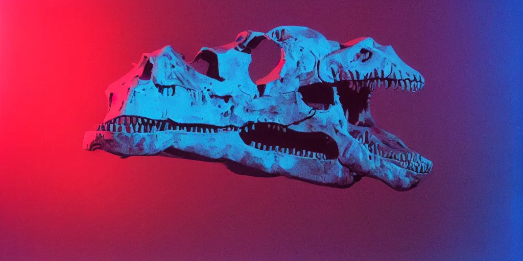 Prompt: screaming t - rex skull made of neon light ektachrome photograph, volumetric lighting, f 8 aperture, cinematic eastman 5 3 8 4 film