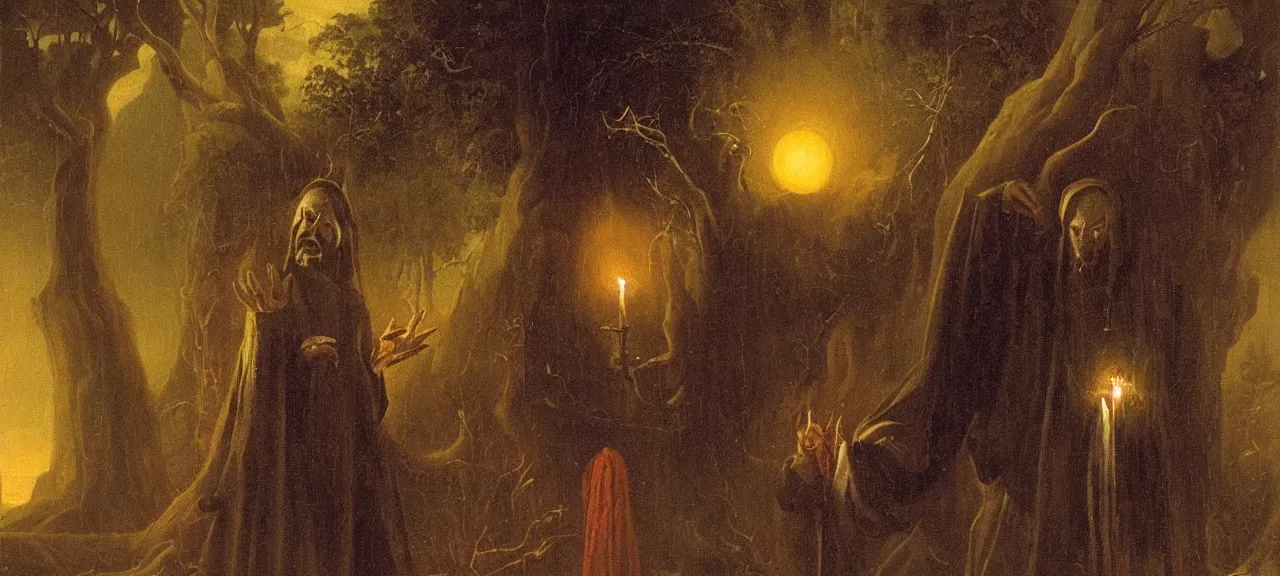 Prompt: Detail on scene, where terrified priest with tormented eyes holds his pectoral cross in his hand and watch ugly wet alien, in the dark, horror atmosphere, the essence of evil, by Martin Johnson Heade