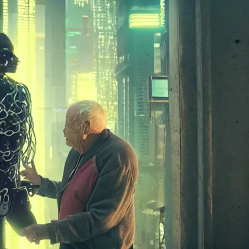 Image similar to cyberpunk buff old man fighting Deadcode humanoid robot Emmanuel Lubezki