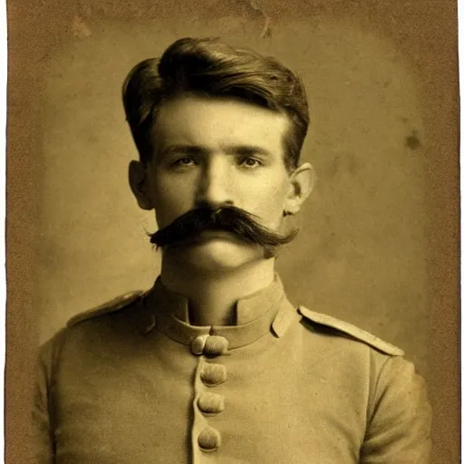 Prompt: late 1 9 th century, austro - hungarian!!! soldier ( handsome, 2 7 years old, redhead michał zebrowski with a small mustache ). old, sepia tones, detailed, hyperrealistic, 1 9 th century portait by emil rabending