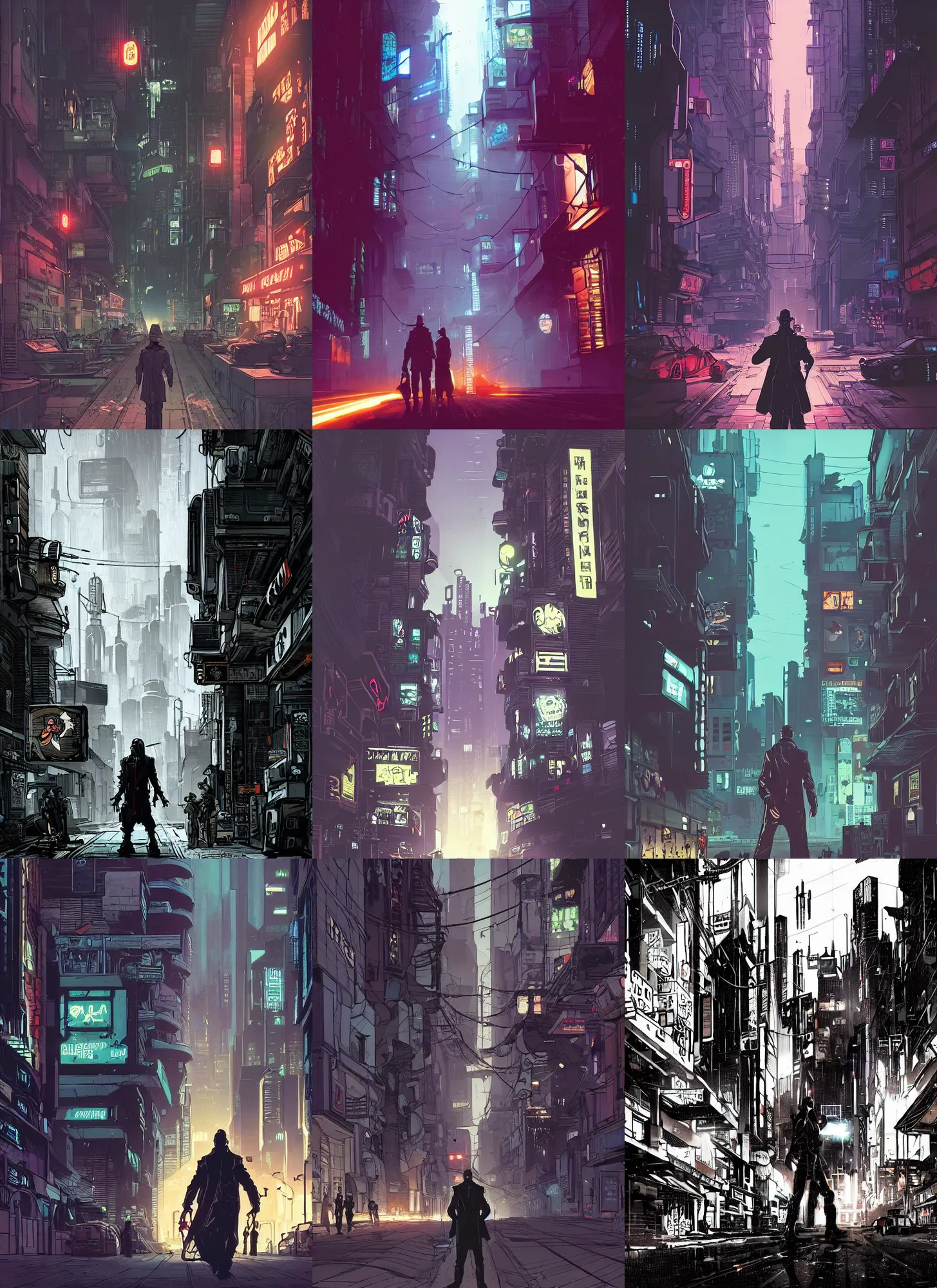 Prompt: cyberpunk city street, detective wearing leather coat, mike mignola style, comics, beautiful composition, wide angle, cinematic, volumetric lighting, intricate details