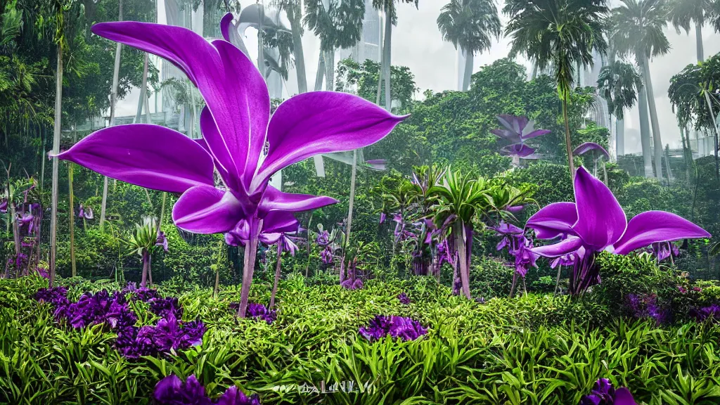 Image similar to giant purple orchid growing of out gardens by the bay in singapore. andreas achenbach, artgerm, mikko lagerstedt, zack snyder, tokujin yoshioka