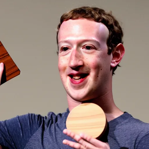 Image similar to mark zuckerberg holding a wooden coaster up to the camera