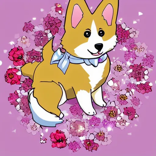 Image similar to anime corgi, sparkling petals, cute, happy