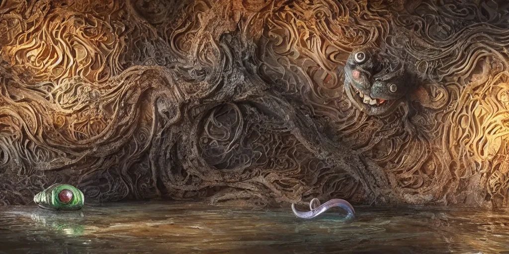 Image similar to of an intricate muddy water with strange cute friendly happy creatures with huge eyes, long tongue, round teeth and goofy funny face, appearing from the background, in the style of gehry and gaudi, macro lens, shallow depth of field, ultra detailed, digital painting, trending artstation, concept art, illustration, cinematic lighting, photorealism, epic, octane render